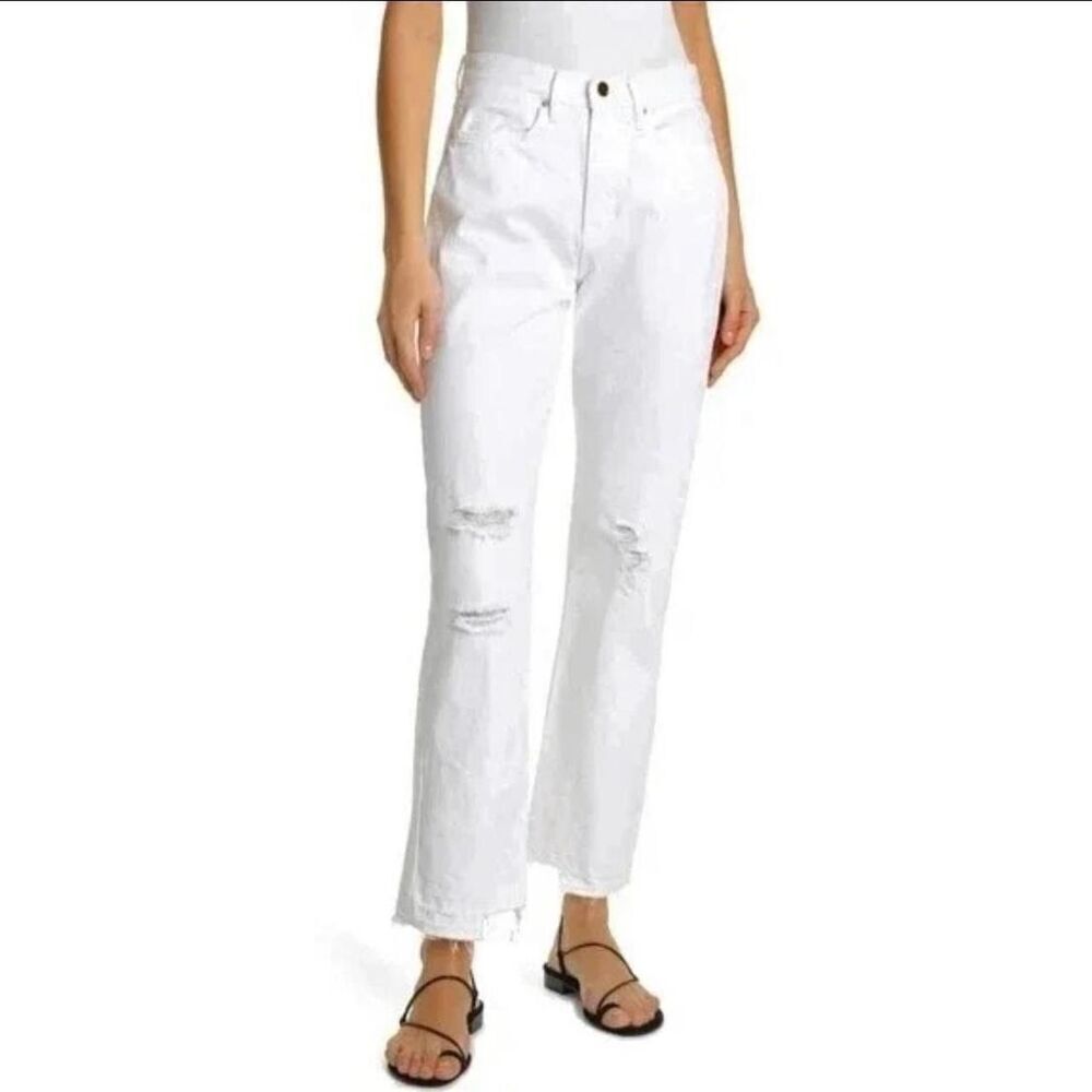 Frame Le high-rise white distressed denim straight leg raw hem jeans Size 30